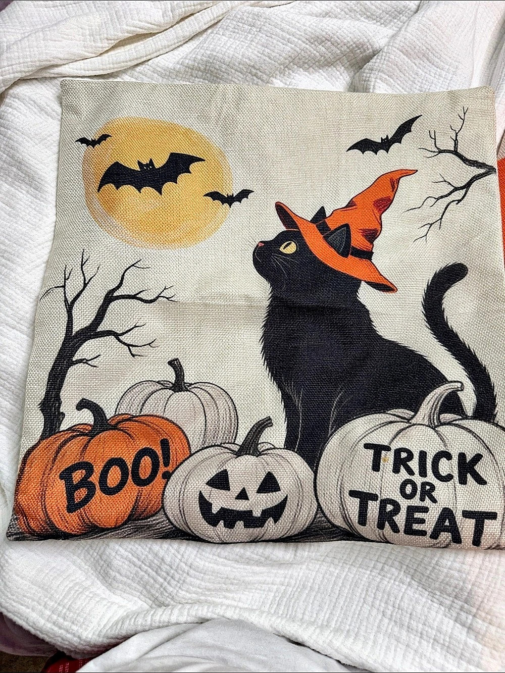Halloween Decor Pillow Cover Set Orange & Cream Polka Dot/ Black Cat w/